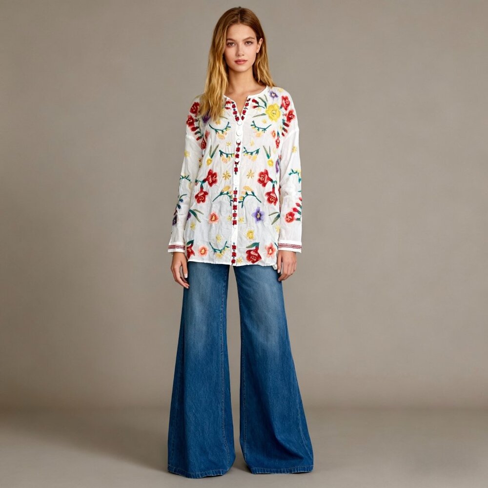 NWOT Johnny Was Texa Embroidered Floral Top Button-Down Tunic Shirt Blouse Sz S